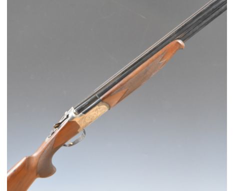 Lanber 12 bore over and under ejector shotgun with engraved locks, underside, trigger guard, top plate and thumb lever, chequ