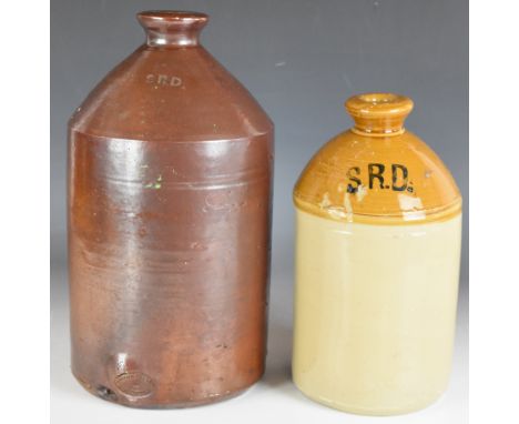 Two WW1 era stoneware rum ration jars marked SRD, one a salt glazed example by Walton, 33cm tall, the other a smaller one by 