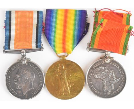 South Africa medal trio comprising WW1 War Medal, Victory Medal and Africa Service Medal named to Staff Sgt J.C Hager, 5th S.