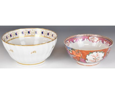 Worcester first period slop bowl with wrythen moulded decoration and an 18thC pedestal bowl with Chinoiserie decoration, tall