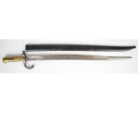 French 1866 pattern chassepot bayonet with brass grip, H43097 to crosspiece, a 57cm single edged yataghan blade and scabbard.