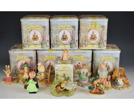 Border Fine Arts eight Beatrix Potter figures in tins, Royal Doulton Sairey Gamp and a Goebel Hummel figure, tallest 12cm