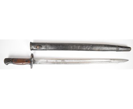 British 1907 pattern bayonet with good stamps to ricasso, wooden grips, 43.5cm single edged blade and scabbard.&nbsp;PLEASE N