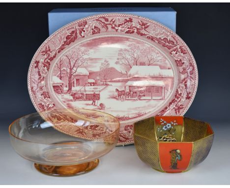 Johnson Brothers Historic America 'Thanksgiving' oval platter, Wedgwood boxed 'Marrakech' glass pedestal bowl and a Mason's C