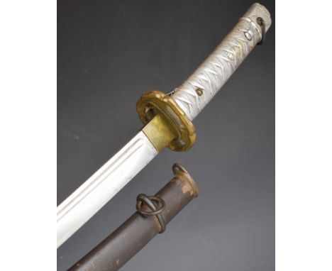Japanese military style Samurai sword with metal grip and Tsuka Ito, securing catch, 142265 to 67cm curved blade and scabbard