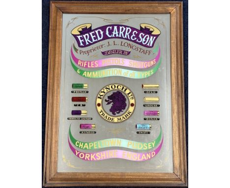 Fred Carr &amp; Son Kynoch Ltd&nbsp;ammunition shop display or advertising mirror decorated with text 'Fred Carr &amp; Son Pr