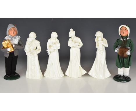 Four Royal Worcester figurines including two limited edition and two Byers Choice 'The Carolers', tallest 25cm