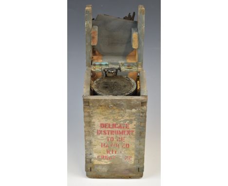 Military hand held compass in wooden case, 27cm