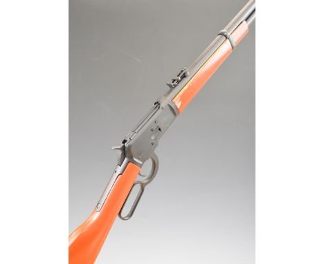 A&amp;K SXR Winchester style underlever action 6mm airsoft rifle with red stock and forend, adjustable pop-up ladder sights a