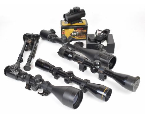 A collection of rifle scopes and accessories comprising two red dot sights, Nikko Stirling Silver Crown 4x40, Tasco 4x40, 6-2