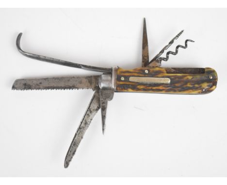 George Wostenholm IXL multi-tool folding pocket knife with seven tools including corkscrew, saw pick etc and with stag antler