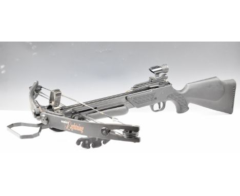 Barnett Lightning crossbow with textured semi-pistol grip, composite stock and adjustable sights.&nbsp;