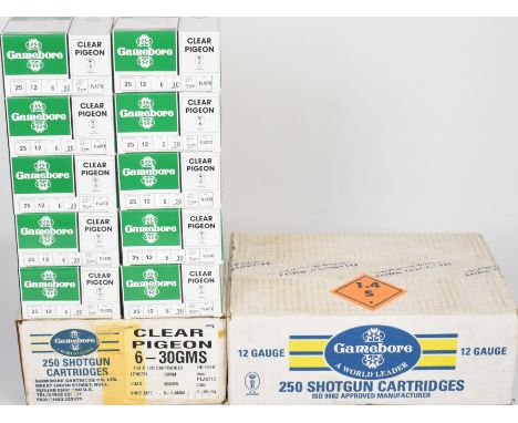 Five hundred 12 bore Gamebore shotgun cartridges Clear Pigeon 6 shot 30g and Blue Diamond 7.5 shot 28g, all in original boxes