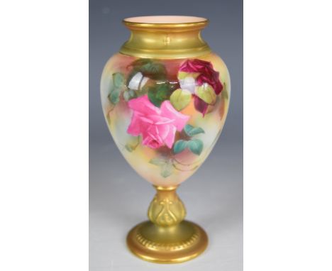 Royal Worcester pedestal vase decorated with roses, H14.5cm