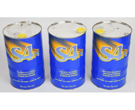 Three 1kg tins of S4N nitro shotgun or rifle cartridge re-loading powder, all sealed. PLEASE NOTE THAT A VALID RELEVANT FIREA