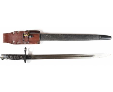 British 1913 pattern sword bayonet with wooden grips, some good stamps to ricasso, a 42.5cm single edged blade, scabbard and 