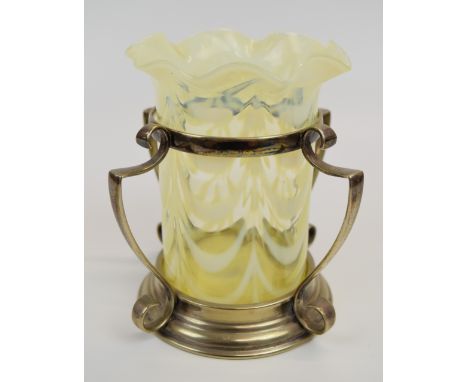 Art Nouveau silver plated and vaseline glass celery vase, 19cm tall.&nbsp;