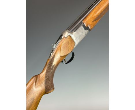 Miroku 12 bore over and under ejector shotgun&nbsp;with engraved locks, chequered semi-pistol grip and forend, single trigger