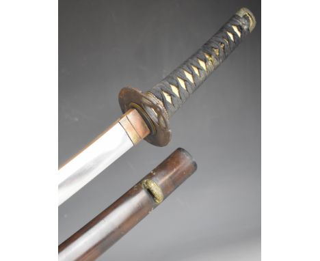 Japanese Samurai sword with bound grip, two menuki, 67cm curved blade and scabbard with decorated ishizuke and ashi.&nbsp;PLE