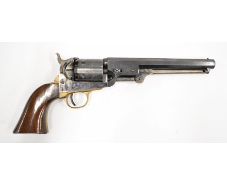 Westerner's Arms .36 six shot single action percussion revolver with engraved scenes of ships to the cylinder, wooden grips, 