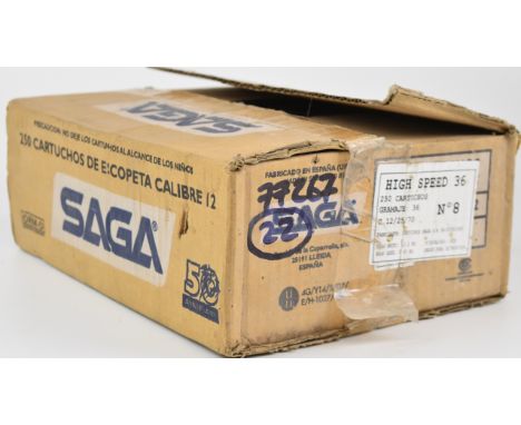 Two hundred and fifty 12 bore SAGA high speed 36g 8 shot shotgun cartridges, all in original boxes. PLEASE NOTE THAT A VALID 