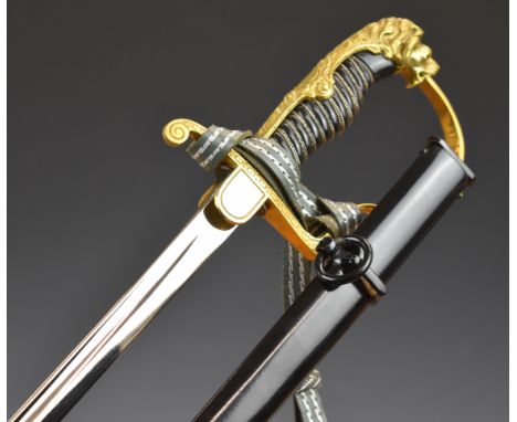 German WW2 Army officer's sword with lion head pommel with 'ruby' eyes, stirrup hilt, Nazi emblem to langet, 80cm slightly cu