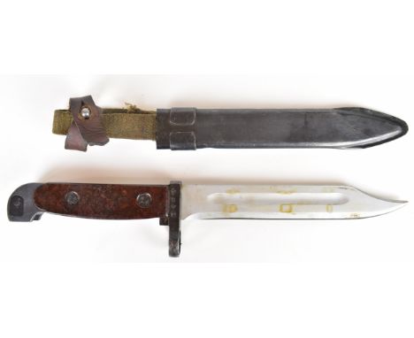Cuban AK47 bayonet with wooden grips, 0062 to crossguard, 16.5cm Bowie style blade, scabbard, belt loop and securing strap.&n