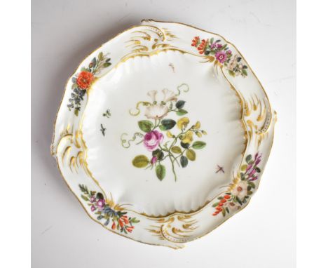 Chelsea porcelain&nbsp;18th/19thC dish with relief moulded border, floral decoration and gold anchor mark to base, diameter 2