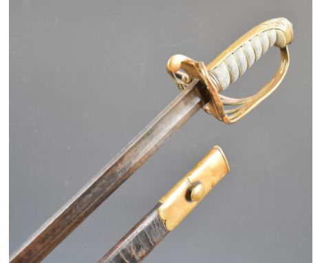 British Army 1822 pattern Infantry officer's sword with VR cypher to hilt, folding guard, a 73cm pipe back blade and leather 