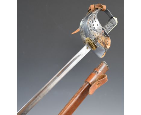 British Army 1897 pattern Infantry officer's sword with GVR to guard, turn down hilt, 82.5cm part decorated blade, scabbard a