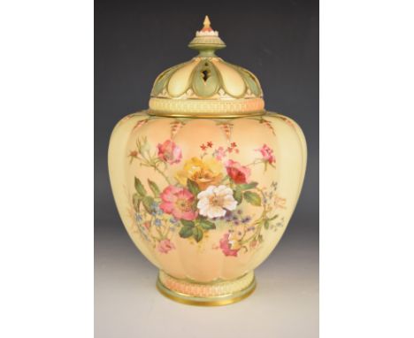 Royal Worcester lobed pedestal blush ivory pot pourri with inner and outer covers decorated with flowers, shape number 1312, 