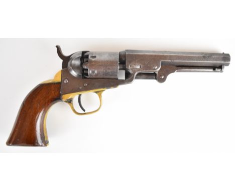 Colt .31 six-shot single action percussion pocket revolver with brass trigger guard and grip strap, cylinder engraved with co