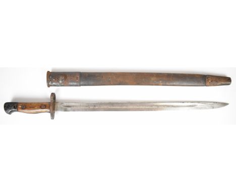 British 1907 pattern India made bayonet with R.F.I to wooden grips, W.S.C to ricasso, a 43.5cm single edged blade and scabbar