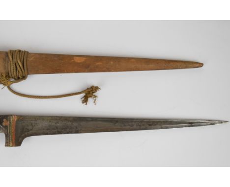 Indo-Persian Pesh-Kabz dagger with studded decoration to the horn handle, with 13 inch graduated blade, in wooden scabbard.&n