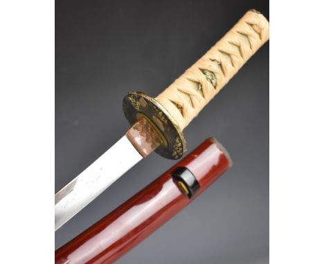 Japanese short sword with bound grip, two menuki, signed tang, decorated tsuba, 42cm curved blade and scabbard.&nbsp;PLEASE N