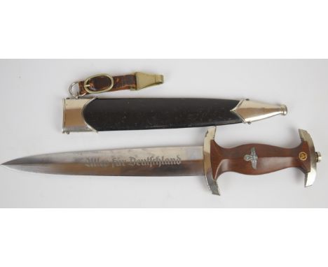 German WW2 Third Reich Nazi SA dagger with RZM M7/33 to ricasso, a 22cm double edged blade with 'Alles Fur Deutschland' inscr