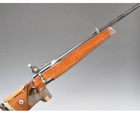 Anschutz Match 54 .22 bolt-action target rifle with shaped and textured thumb-hole grip, adjustable stock and trigger, fully 