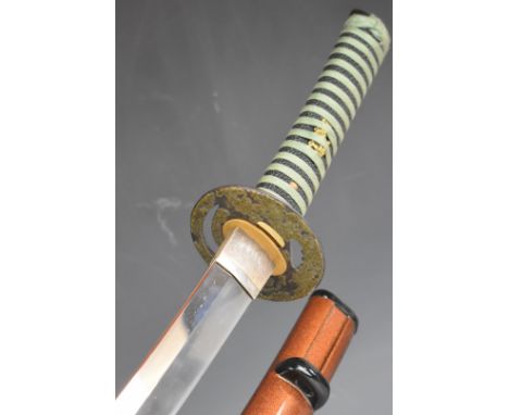 Japanese short sword with Mei to tang, bound grip with two menuki, decorated tsuba, 62cm curved blade with narrow hamon and s