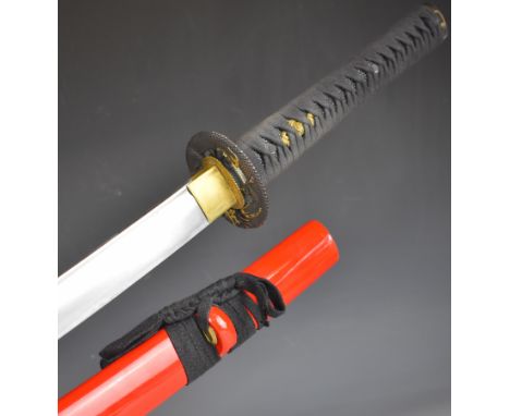 Japanese Samurai sword with bound grip, two menuki, decorated tsuba, 70cm curved fullered blade, scabbard and knot.&nbsp;PLEA