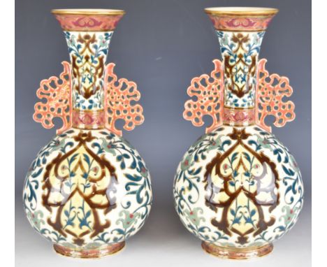 Zsolnay Pecs pair of pedestal vases with reticulated twin handles, H32cm