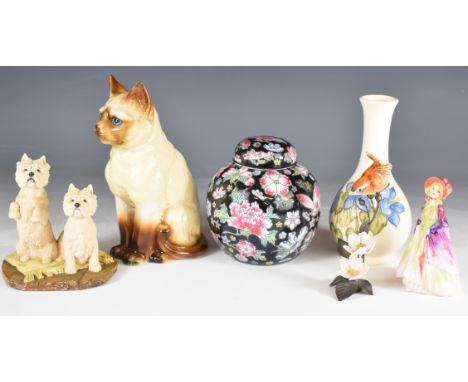 Moorcroft vase, Chinese ginger jar, Royal Worcester wren on bronze branch, a Royal Doulton M4 figurine Paisley Shawl and Bord