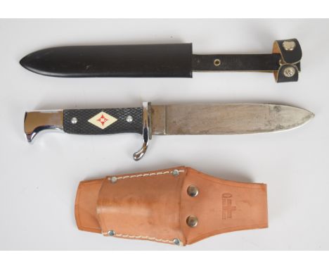 Post WW2 German scouting style knife with marker's mark Rich. A Herder to 14cm single edged blade, scabbard and frog.&nbsp;PL