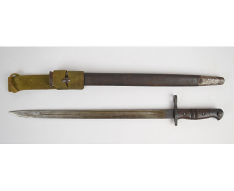 British 1913 pattern bayonet by Remington with some good stamps to ricasso, a 43cm fullered blade, scabbard and frog.&nbsp;PL