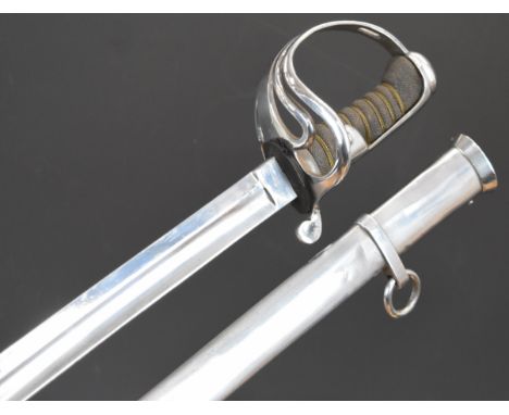 Portuguese Cavalry sword with fishskin wire covered grip, 85cm slightly curved blade and J912 to ricasso, with scabbard.&nbsp