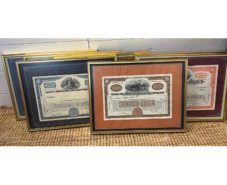 Six framed share certificates 41cm  x 33cm 