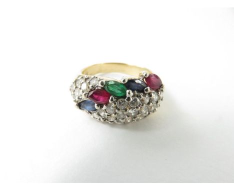 A Bellarri ruby, sapphire, emerald and diamond dress ring, the bombe style head set with round cut diamonds and marquise cut 