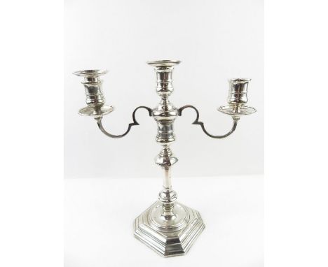 A silver three light candelabra, Birmingham 1968, Ellis &amp; Co, on square stepped base, 31.2cm high, 1.314kg gross (42.25 t