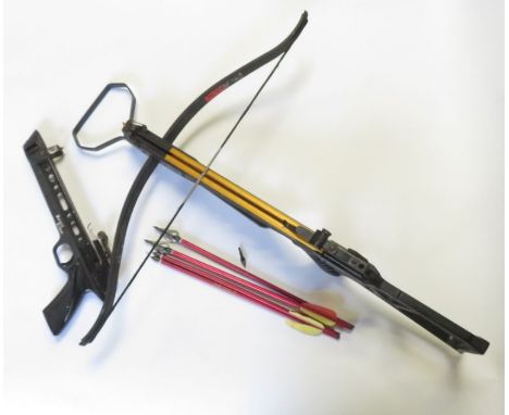 A modern crossbow and bolts, together with a Barnett Trident cross bow grip