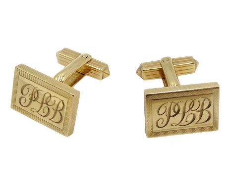 Pair of 9ct gold cufflinks, engine turned decoration and engraved with initials 'PLB', Birmingham 1976, retailed by Carmicha