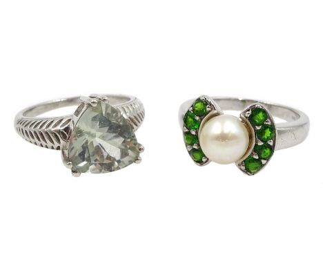 Silver pearl and green stone ring and one other stone set silver ring, both stamped 925 - Condition Report 